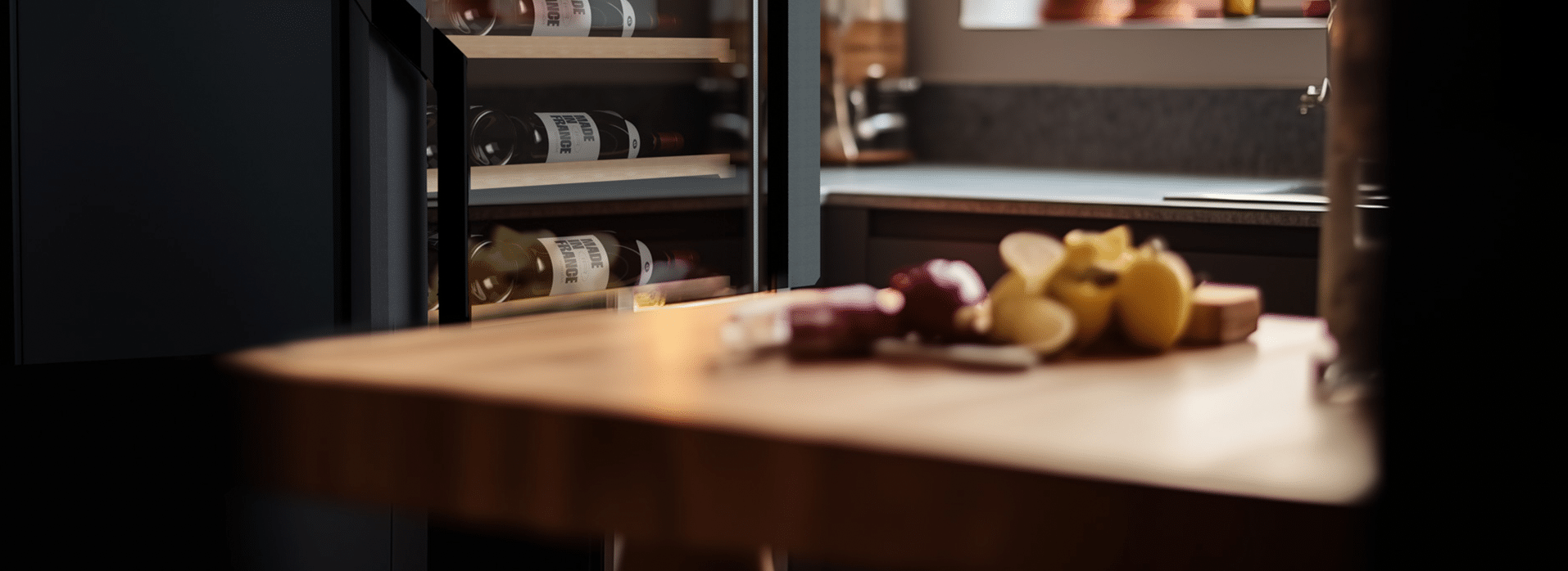 Une table en bois et une cave à vin vitrée avec des bouteilles couchées à l'intérieur