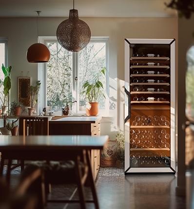 Une cuisine ensoleillée et une grande cave à vin à côté du plan de travail