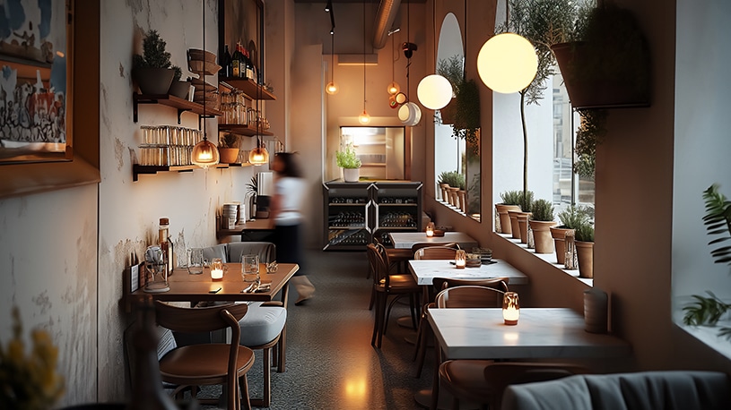 Plusieurs tables dressées dans une salle de restaurant.