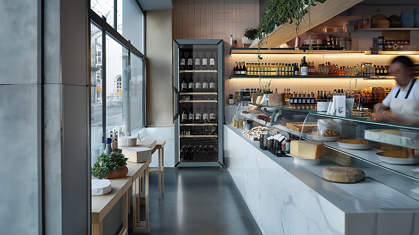 Une fromagerie et une cave à vin remplie de bouteilles.