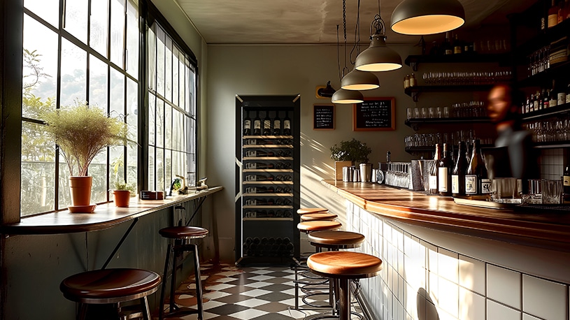 Une cave à vin au fond de la salle d'un restaurant