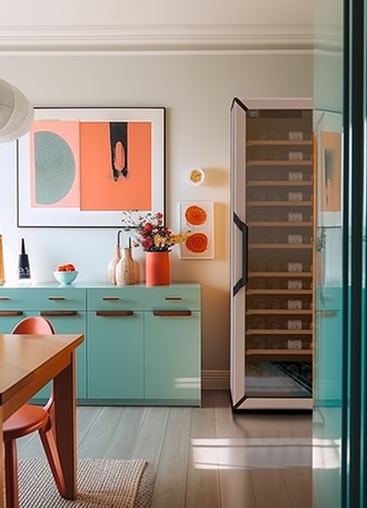 Une cuisine orange et turquoise et un coin de table en bois