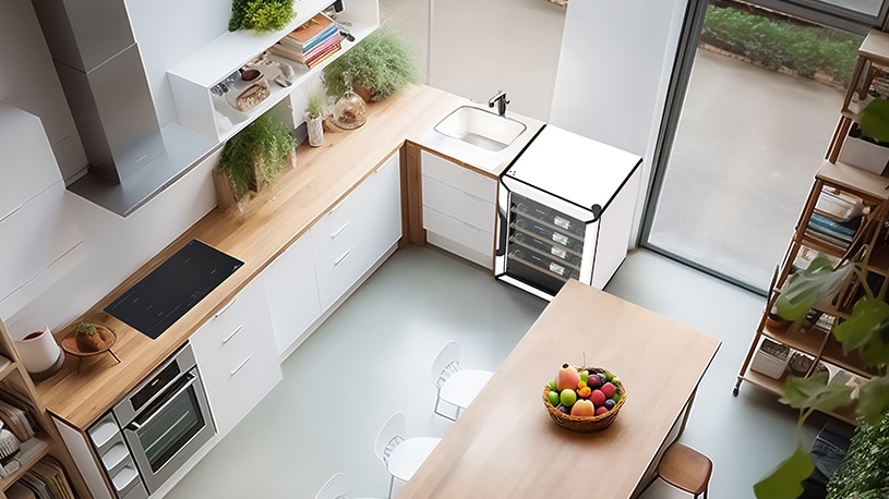 Une cuisine / salle à manger en bois vue du dessus