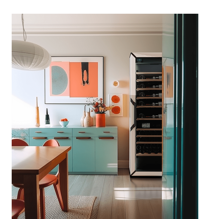 Une cuisine bleu turquoise et orange avec une cave à vin vitrée