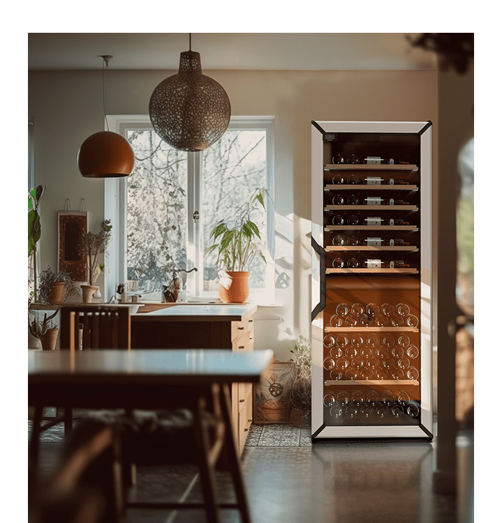 Une cuisine et une table à manger en bois avec une grande cave à vin vitrée