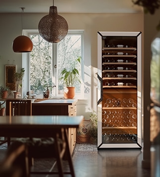 Une cuisine et une table à manger en bois avec une grande cave à vin vitrée