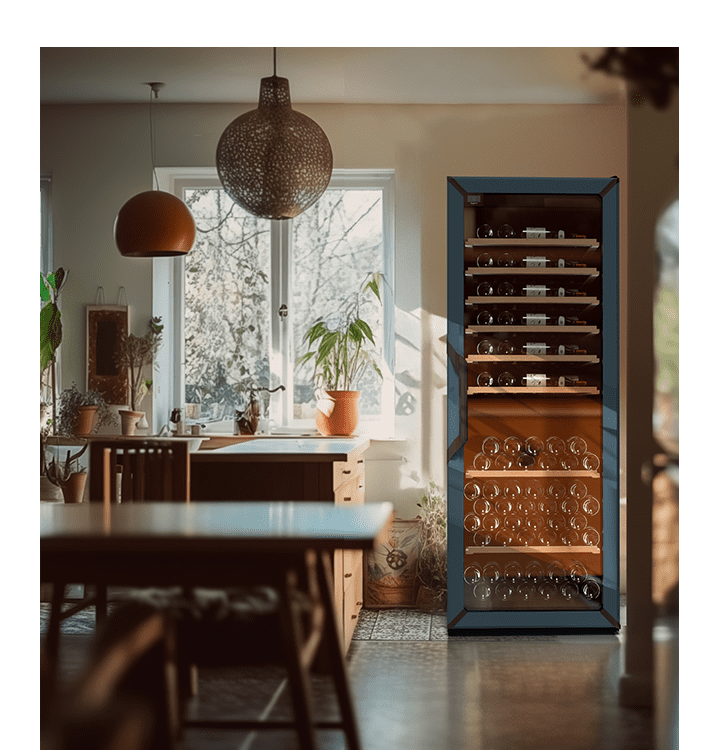 Une cuisine et une table à manger en bois avec une grande cave à vin vitrée