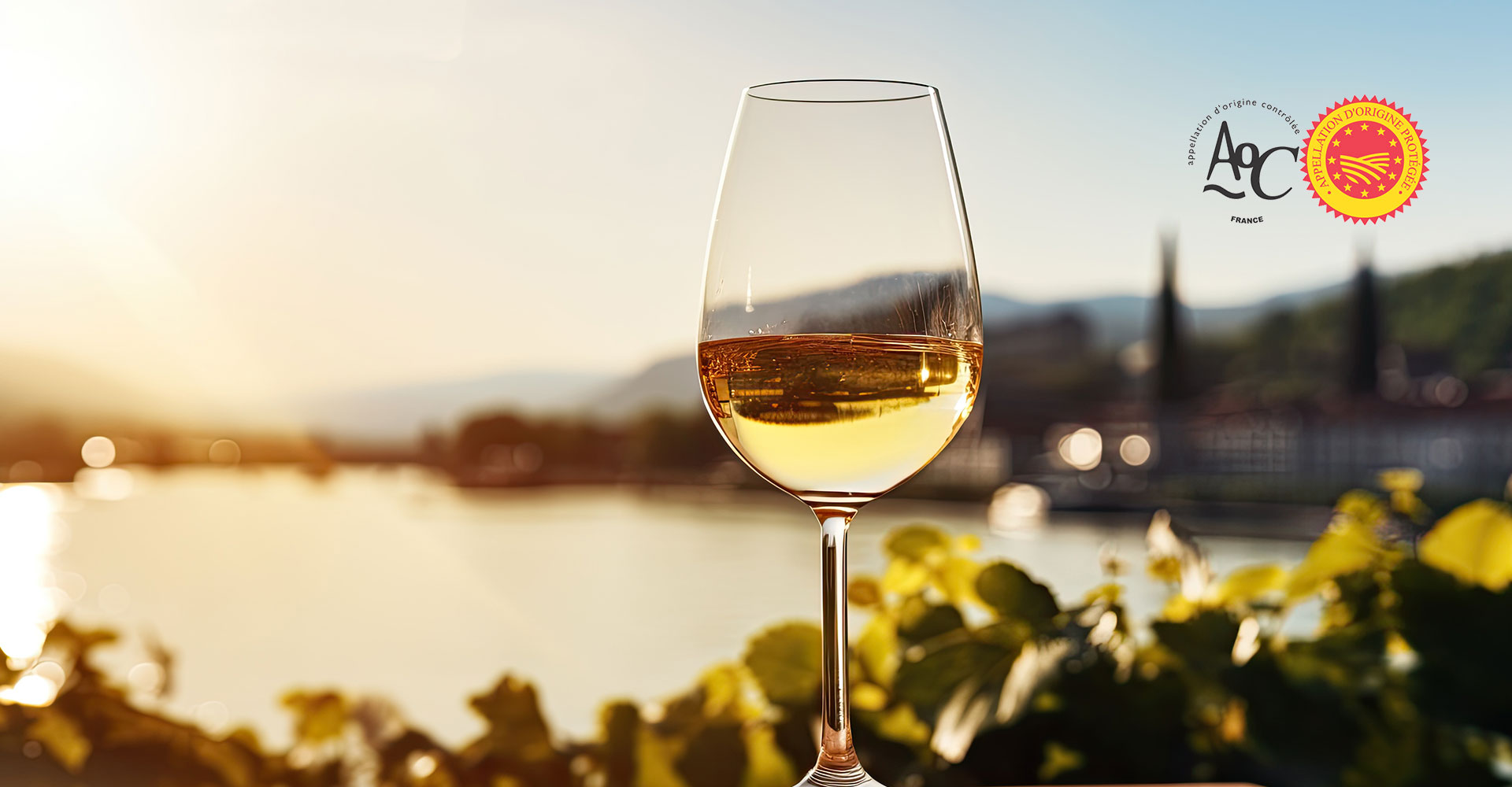 Un verre de vin blanc derrière un plan d'eau