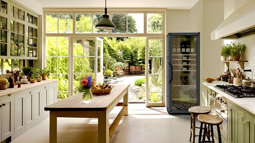 Une cuisine ouverte sur le jardin et une cave à vin noire remplie de bouteilles de vin.