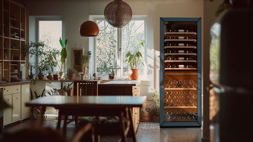 Une cuisine et une table à manger à bois avec une grande cave à vin vitrée