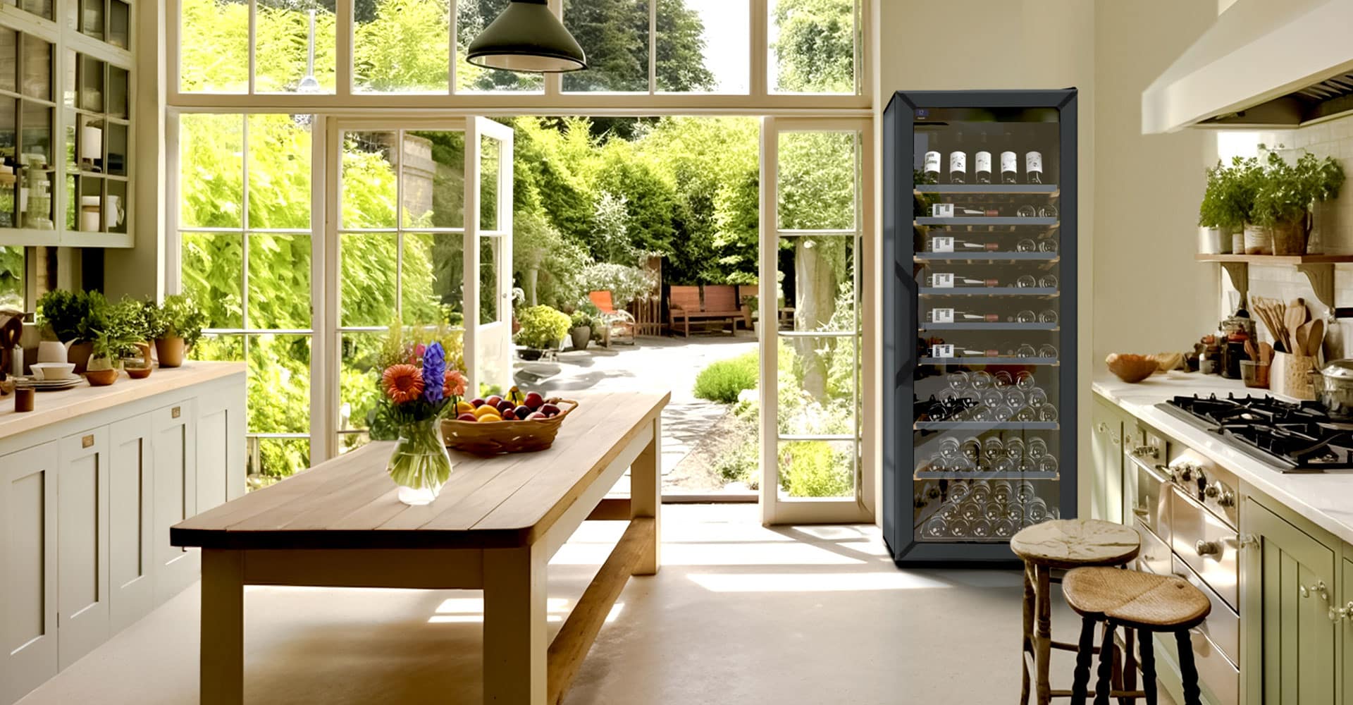 Une cuisine ouverte sur le jardin et une cave à vin noire remplie de bouteilles de vin.