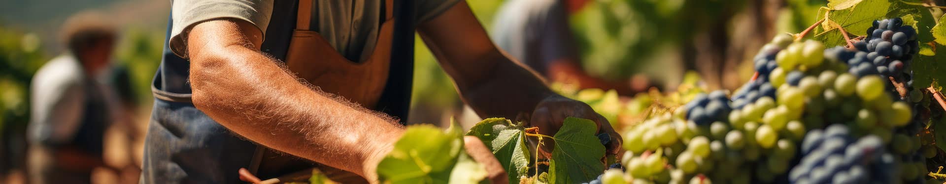 Un homme cueille du raisin dans une vigne.