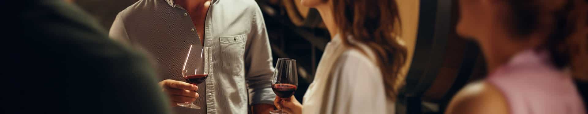 Un homme et une femme tiennent des verres de vin rouge dans leur main.