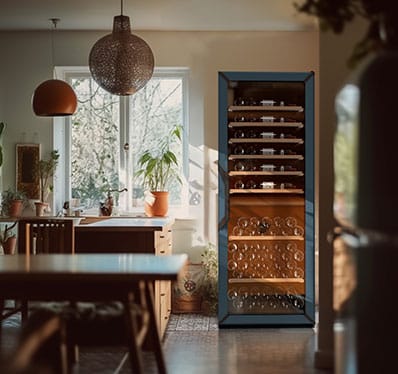 Une cuisine et une table à manger à bois avec une grande cave à vin vitrée.